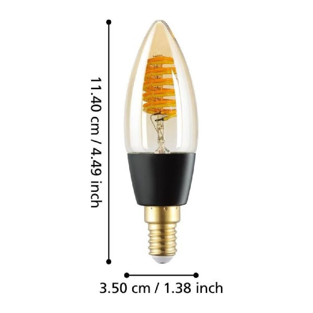Bombilla de luz ámbar con base negra y filamento enrollado.