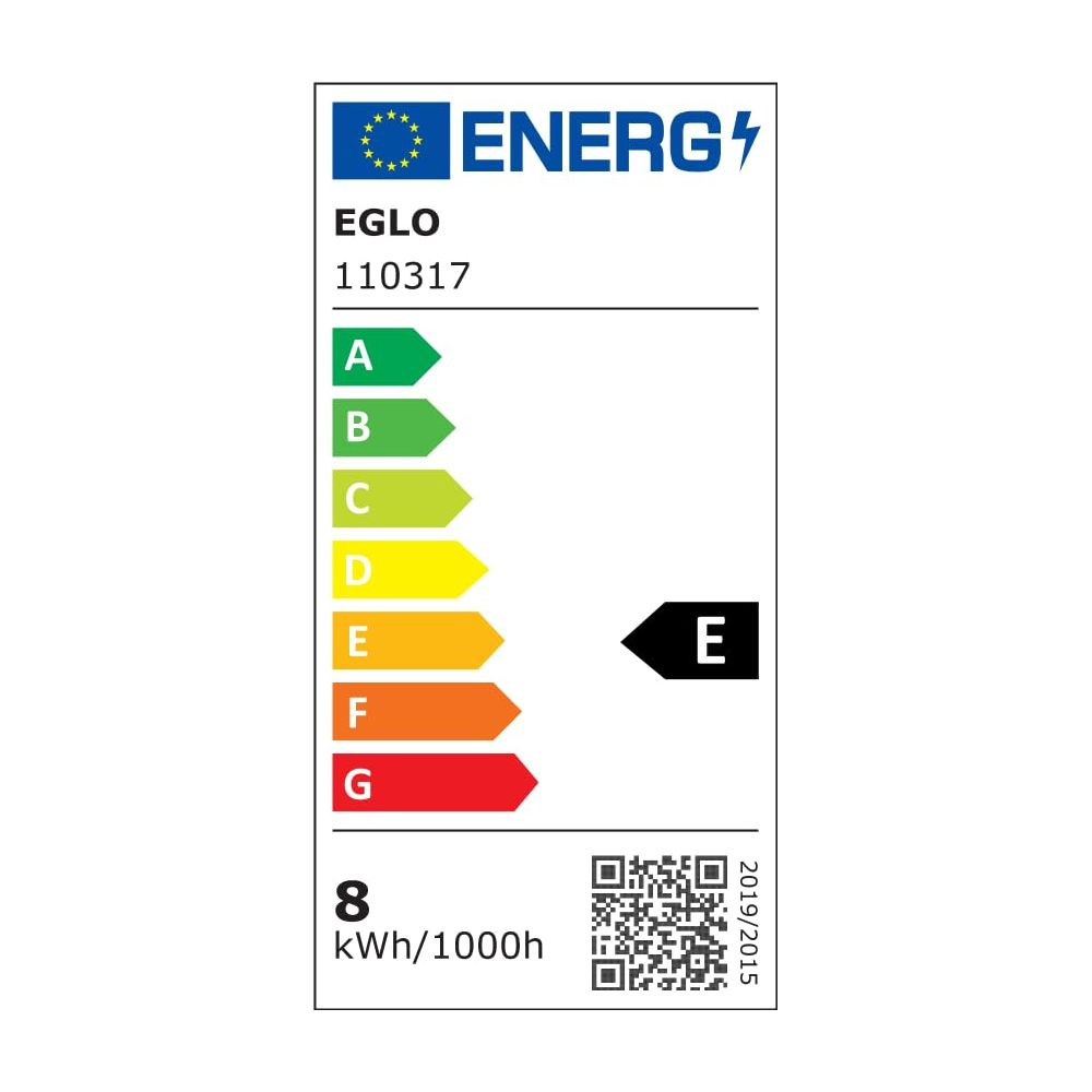 Etichetta energetica scala A-G, classe E, 8 kWh/1000h.