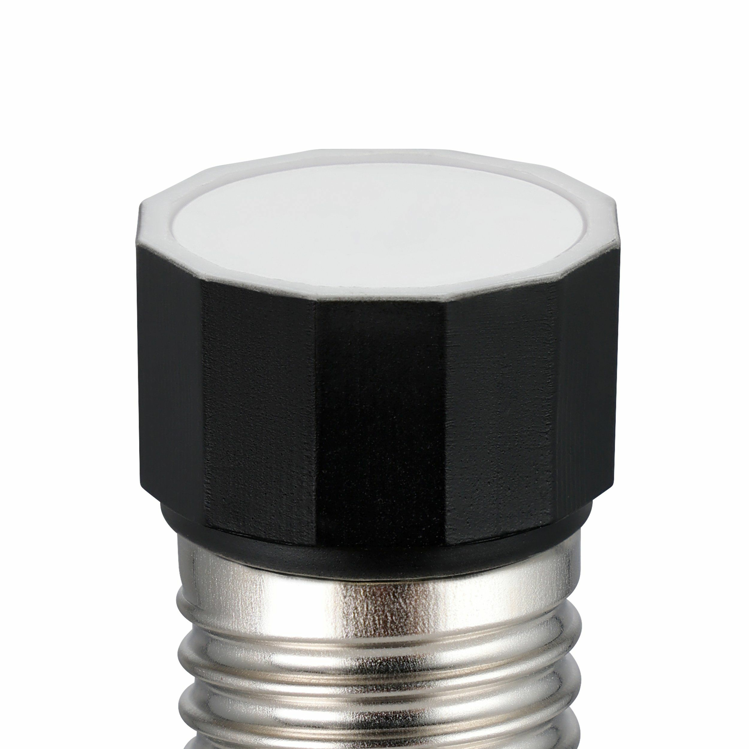Base filettata argentata con coperchio ottagonale nero e centro bianco.
