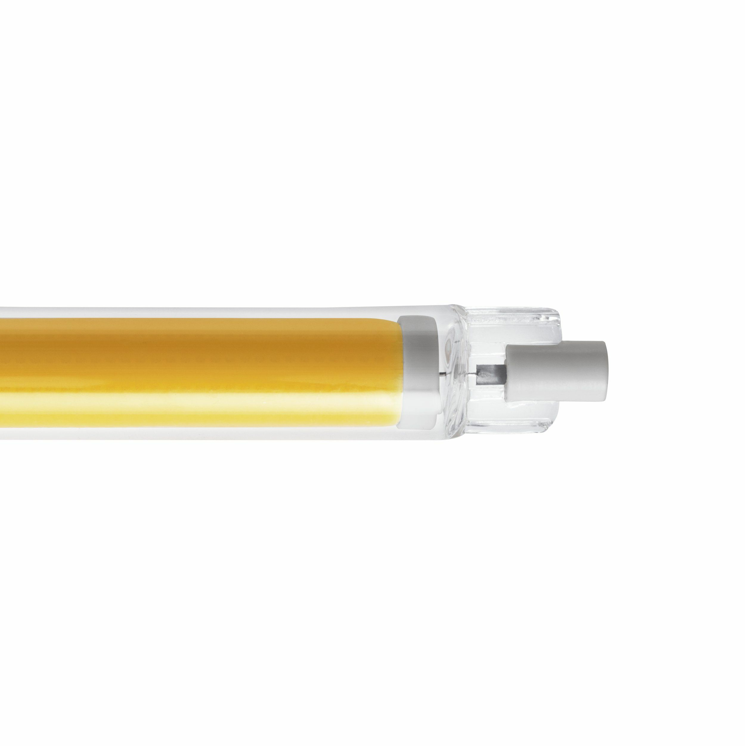 Una tira de luz LED amarilla en una carcasa transparente con conector blanco.