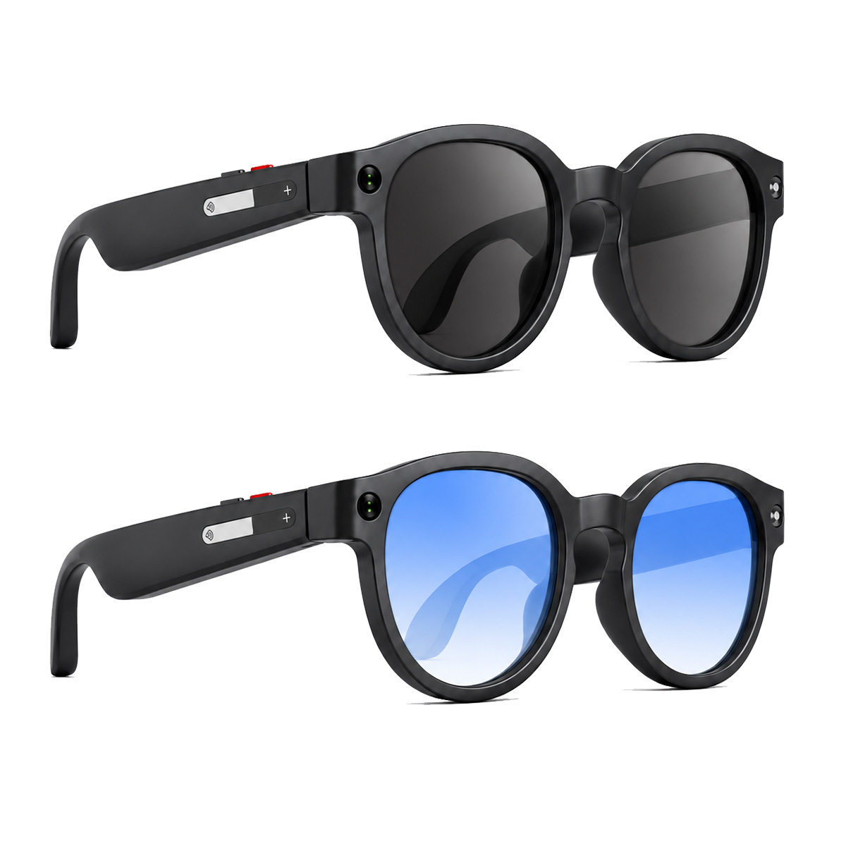 Dos pares de gafas inteligentes negras. La superior tiene lentes oscuras, la inferior lentes degradadas azules.