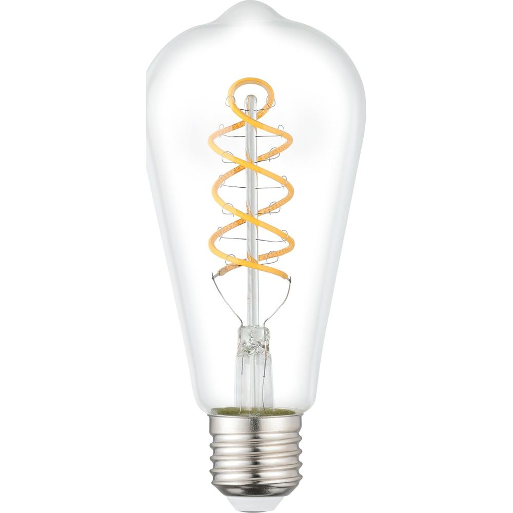 Una lampadina trasparente con filamento a spirale giallo e base argentata.