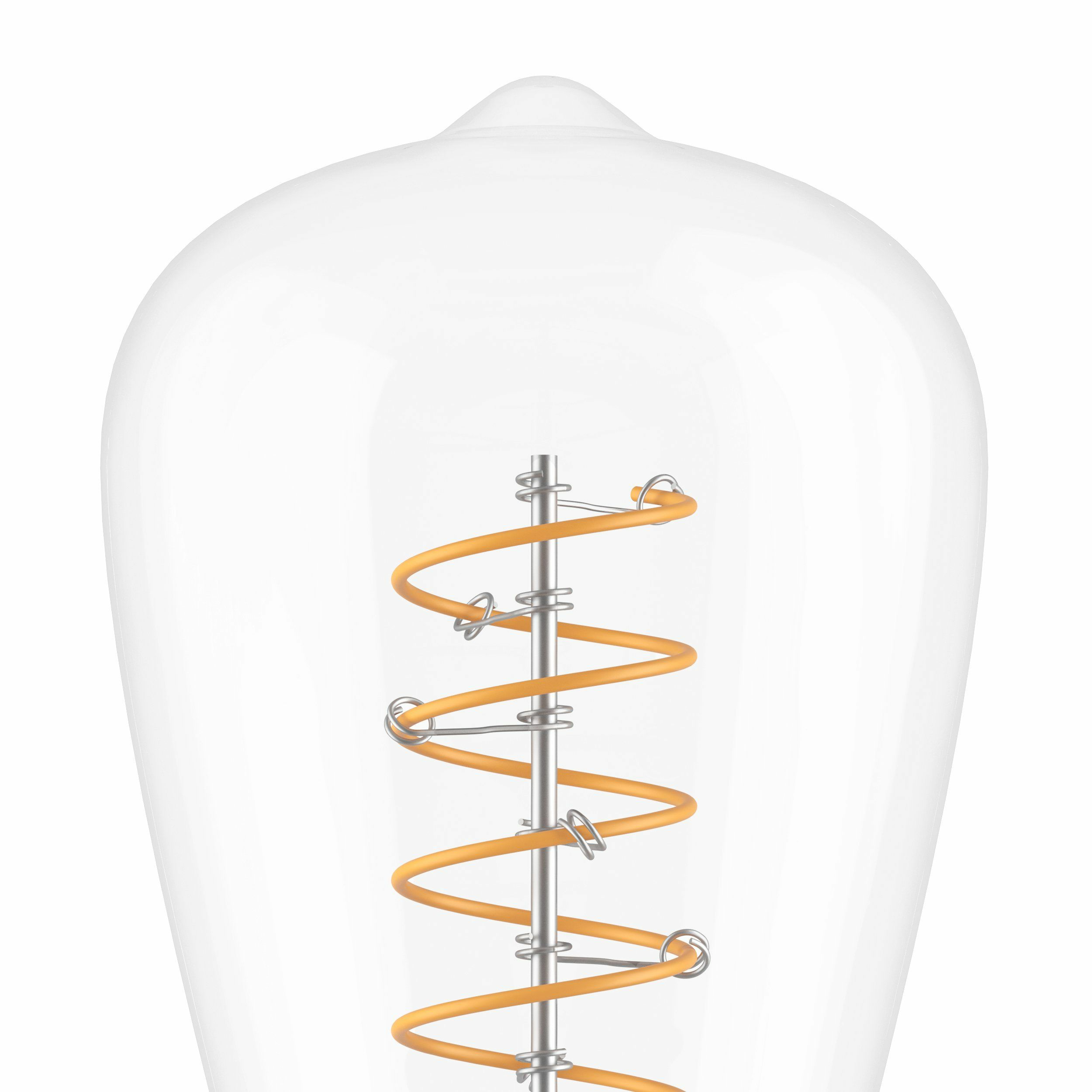 Una lampadina con filamento arancione e supporti metallici su sfondo bianco.