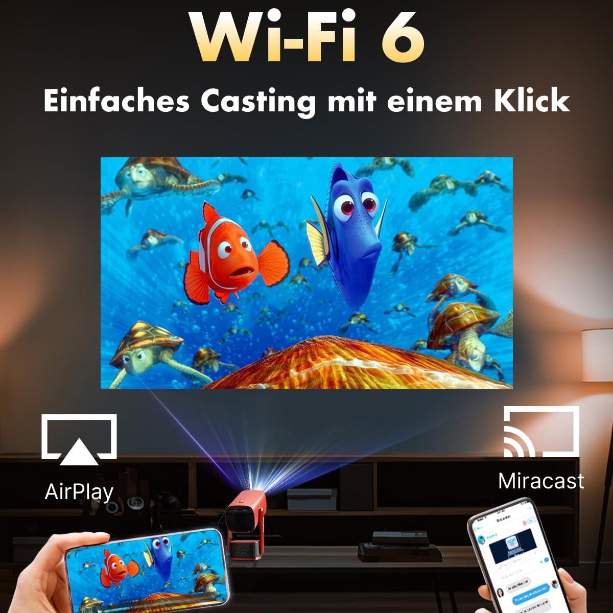Un pequeño proyector rojo proyecta escenas de Buscando a Nemo en una pared. Se muestran iconos de AirPlay y Miracast.