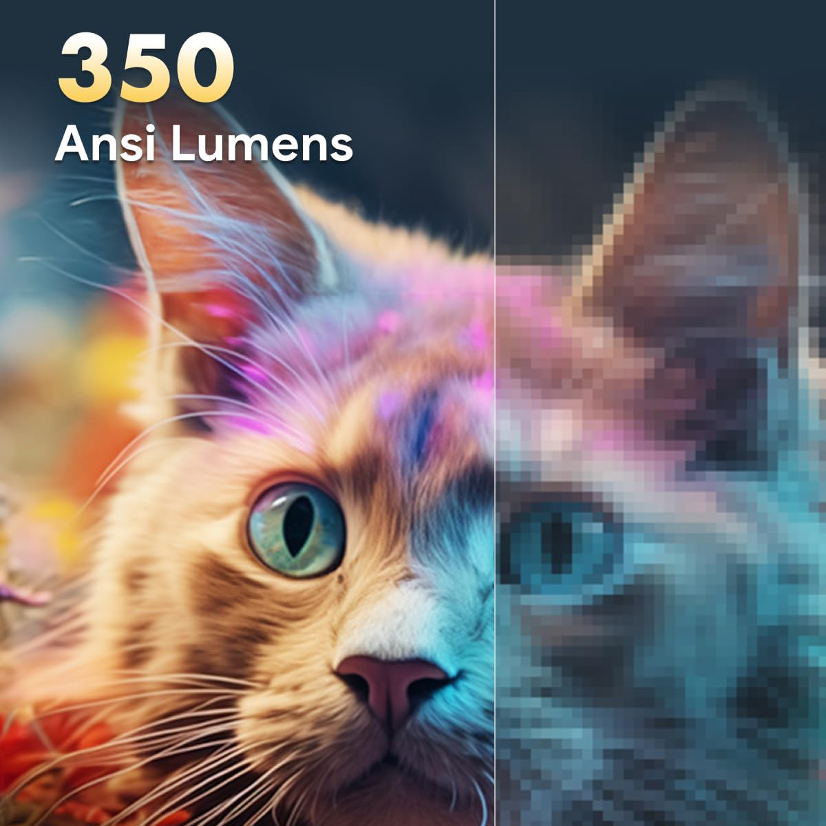 Imagen dividida de un gato con 350 lúmenes Ansi. Lado izquierdo detallado, lado derecho pixelado.