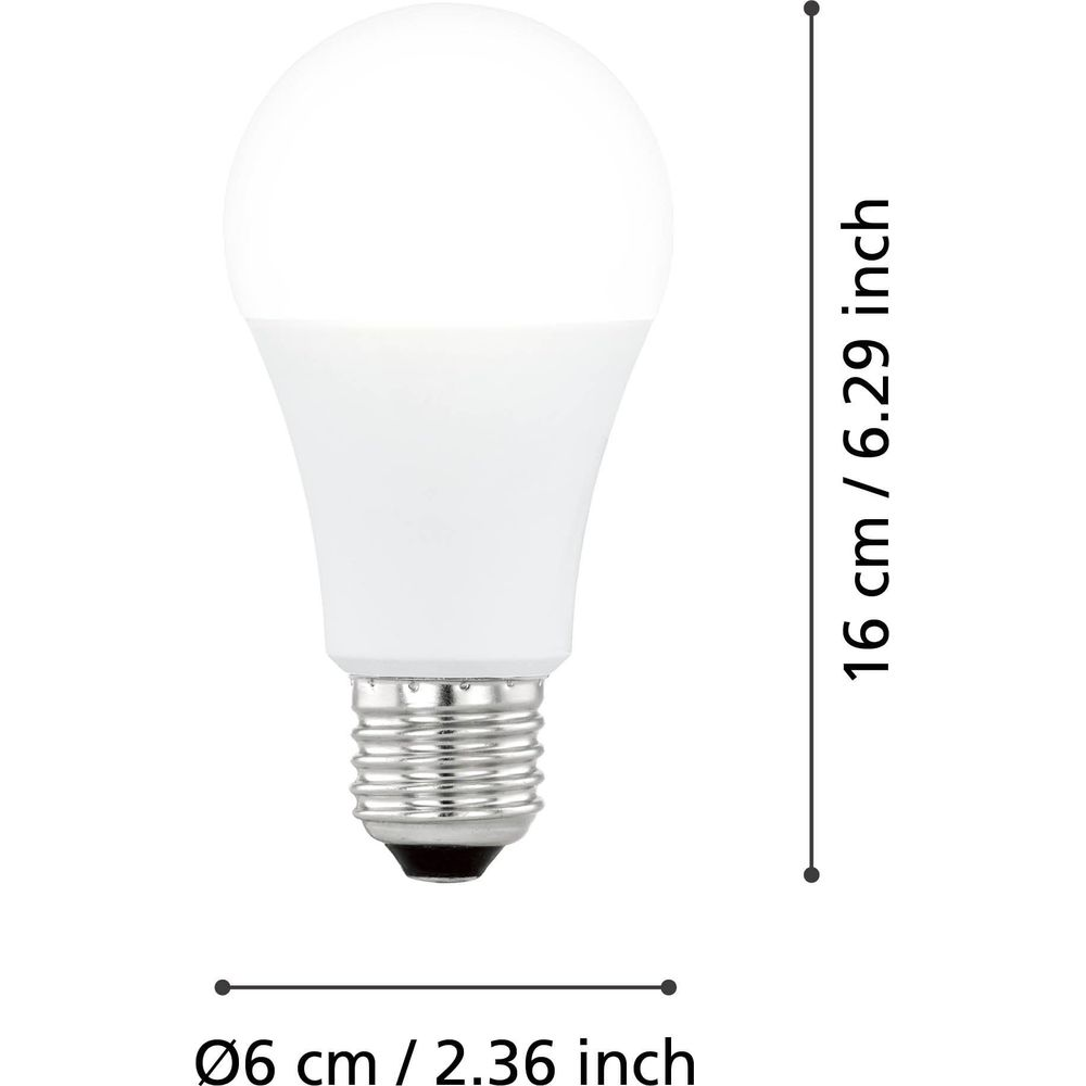 Una lampadina LED bianca con base a vite, alta 16 cm, larga 6 cm.