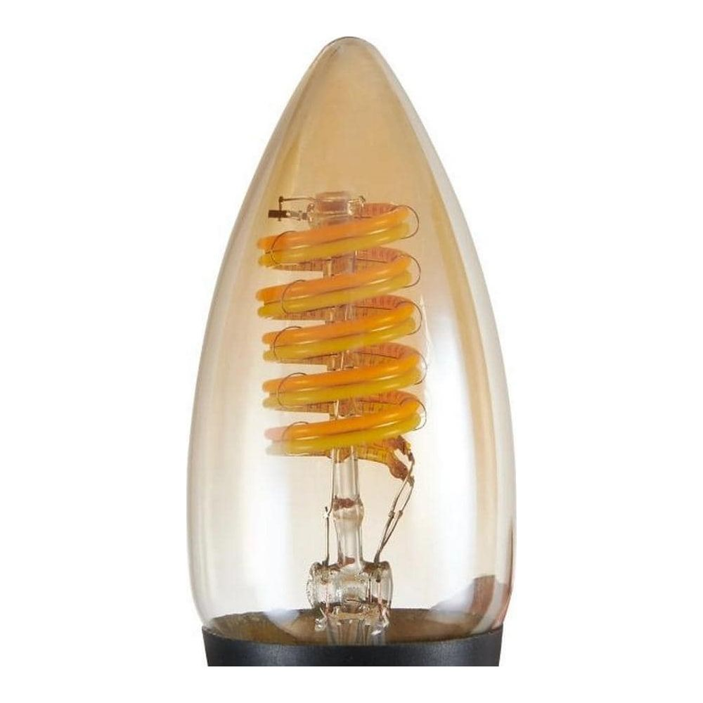 Una bombilla de luz ámbar con filamento enrollado.