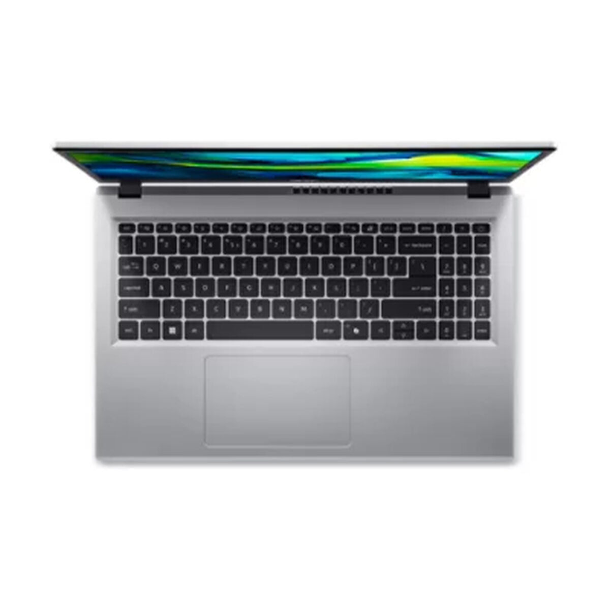 Un portátil plateado con la tapa abierta, mostrando el teclado y el panel táctil.