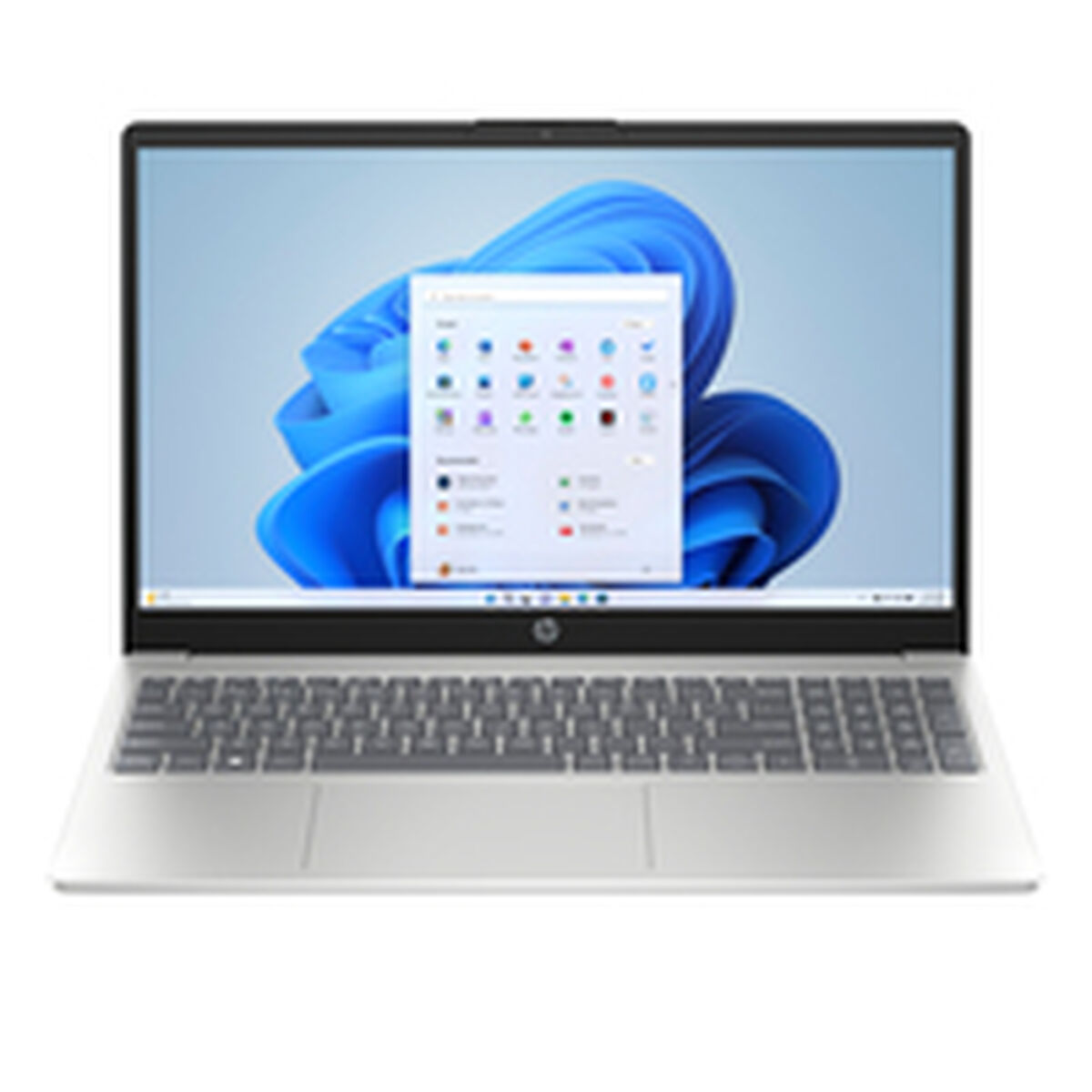 Portátil HP plateado con Windows 11 abierto. La pantalla muestra fondo abstracto azul.