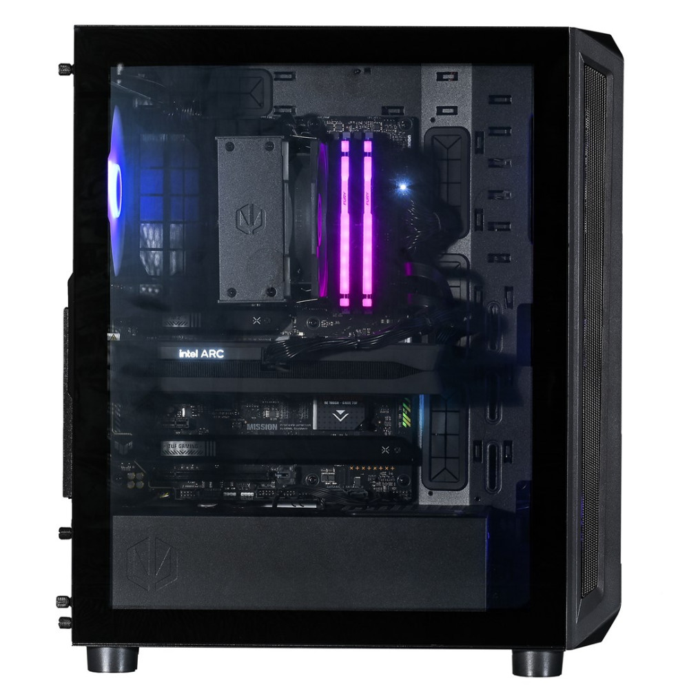 Przezroczysta obudowa PC z niebieskim i różowym podświetleniem RGB. Widać chłodzenie CPU, RAM, kartę graficzną.