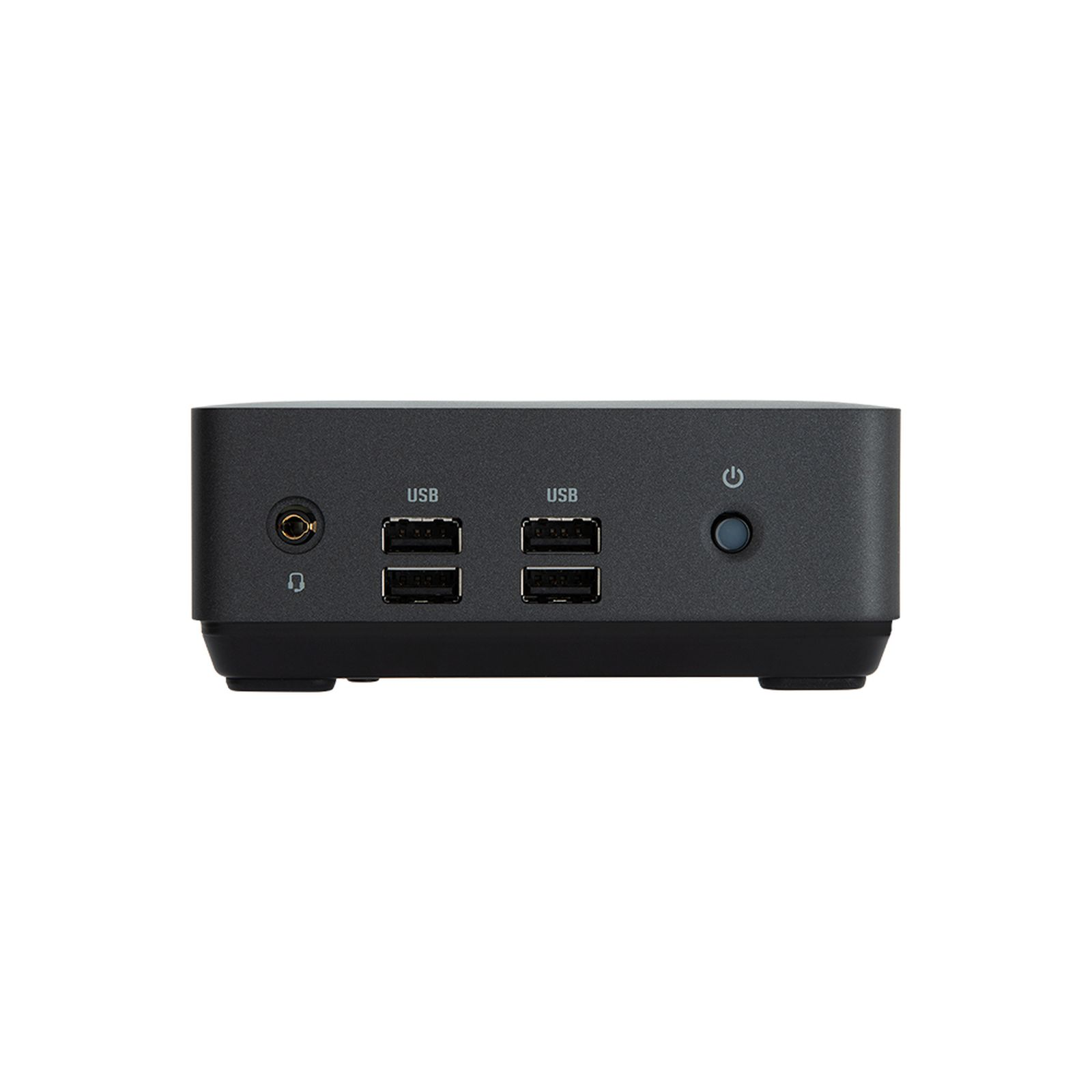 Mini PC negro con puertos USB, conector de auriculares y botón de encendido.