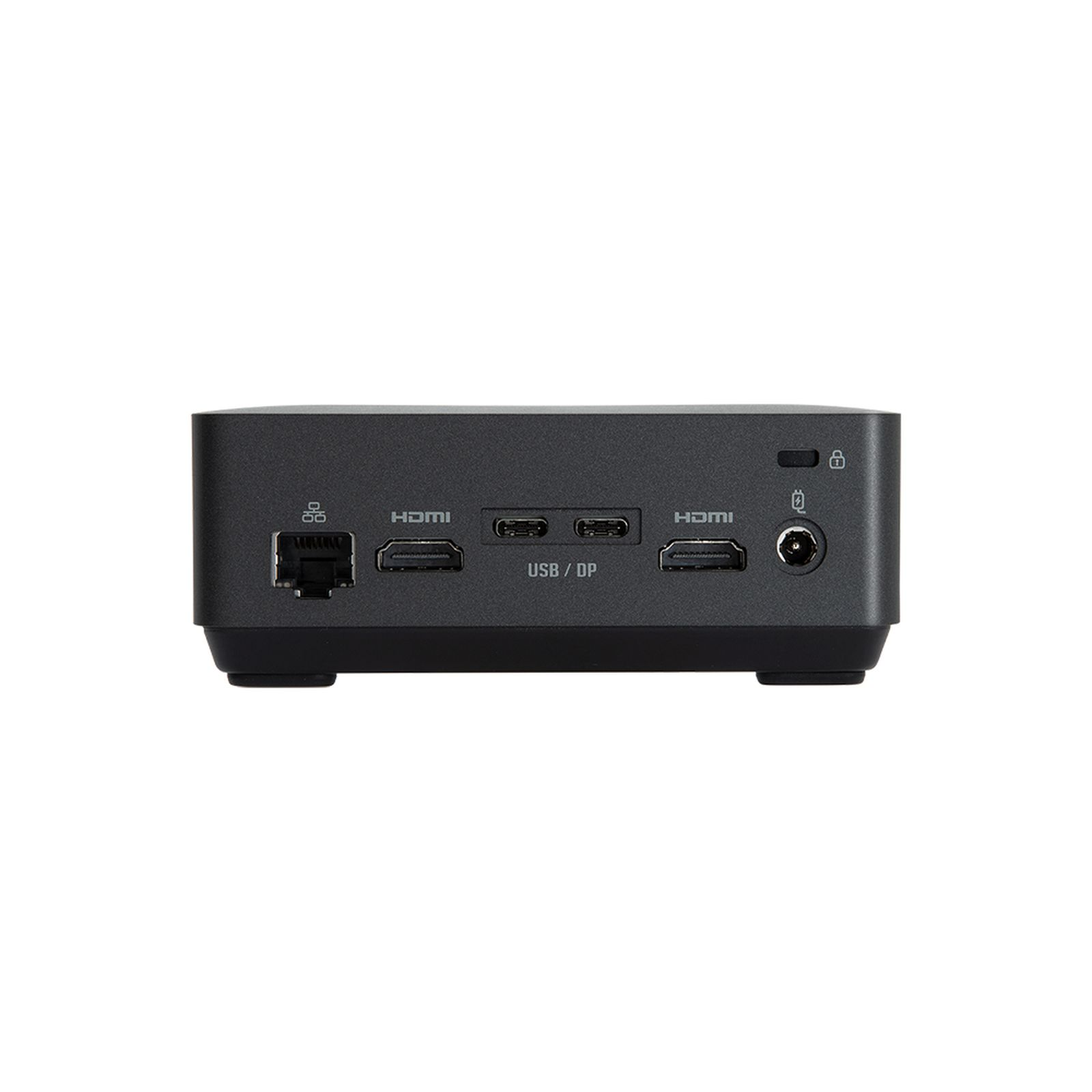 Caja negra con puertos: Ethernet, HDMI, USB/DP, alimentación. Fondo blanco.
