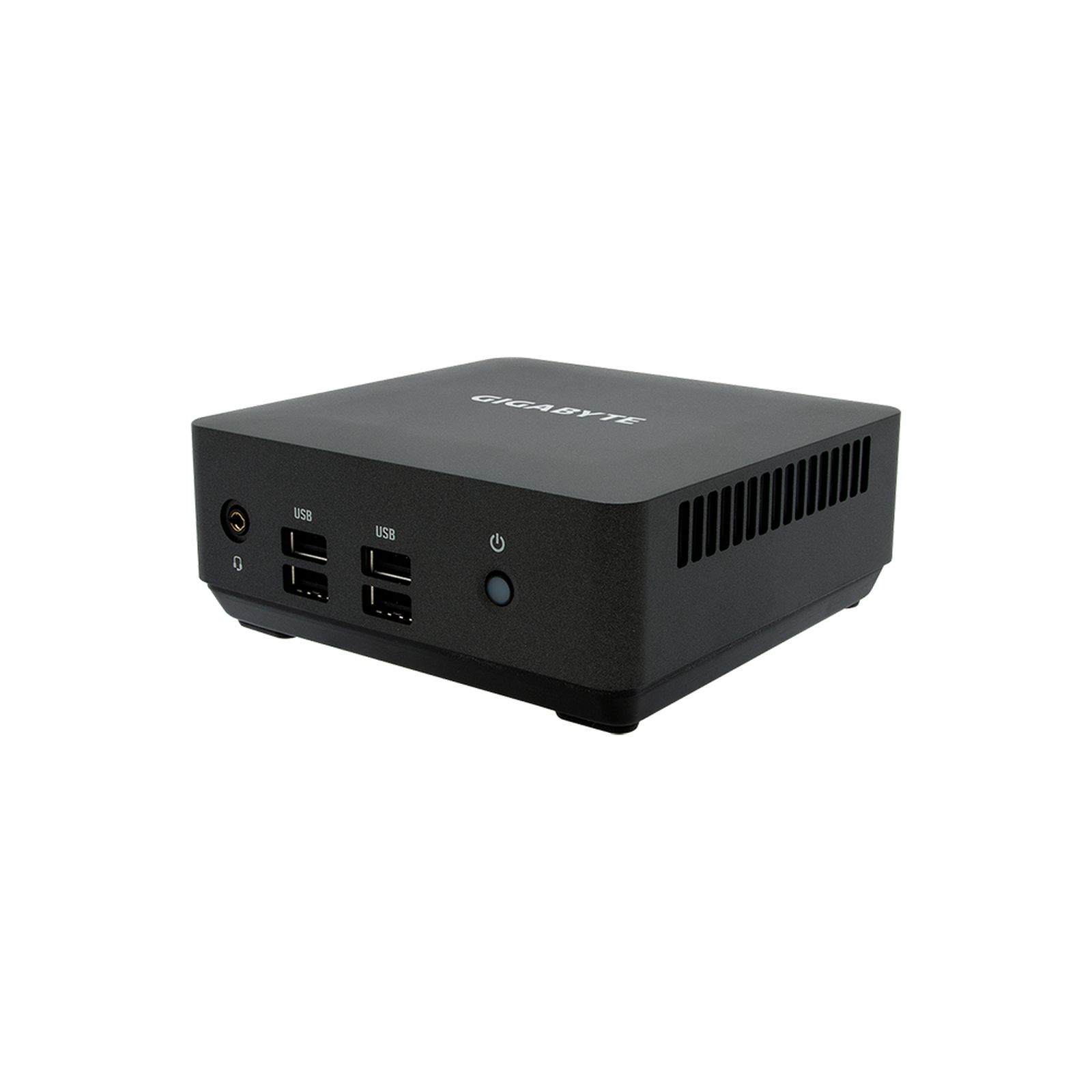 Un mini PC GIGABYTE negro con puertos USB y botón de encendido al frente.