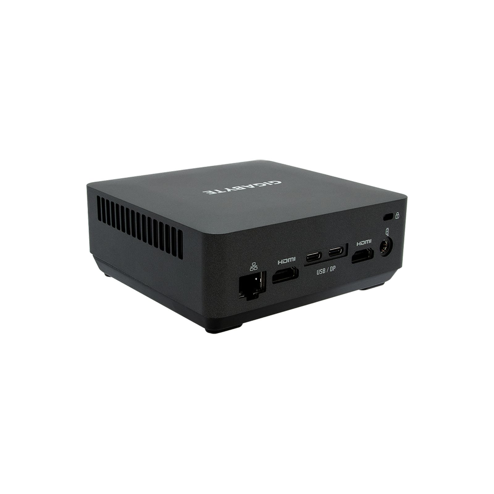 Un mini PC Gigabyte negro con ranuras de ventilación y puertos frontales.
