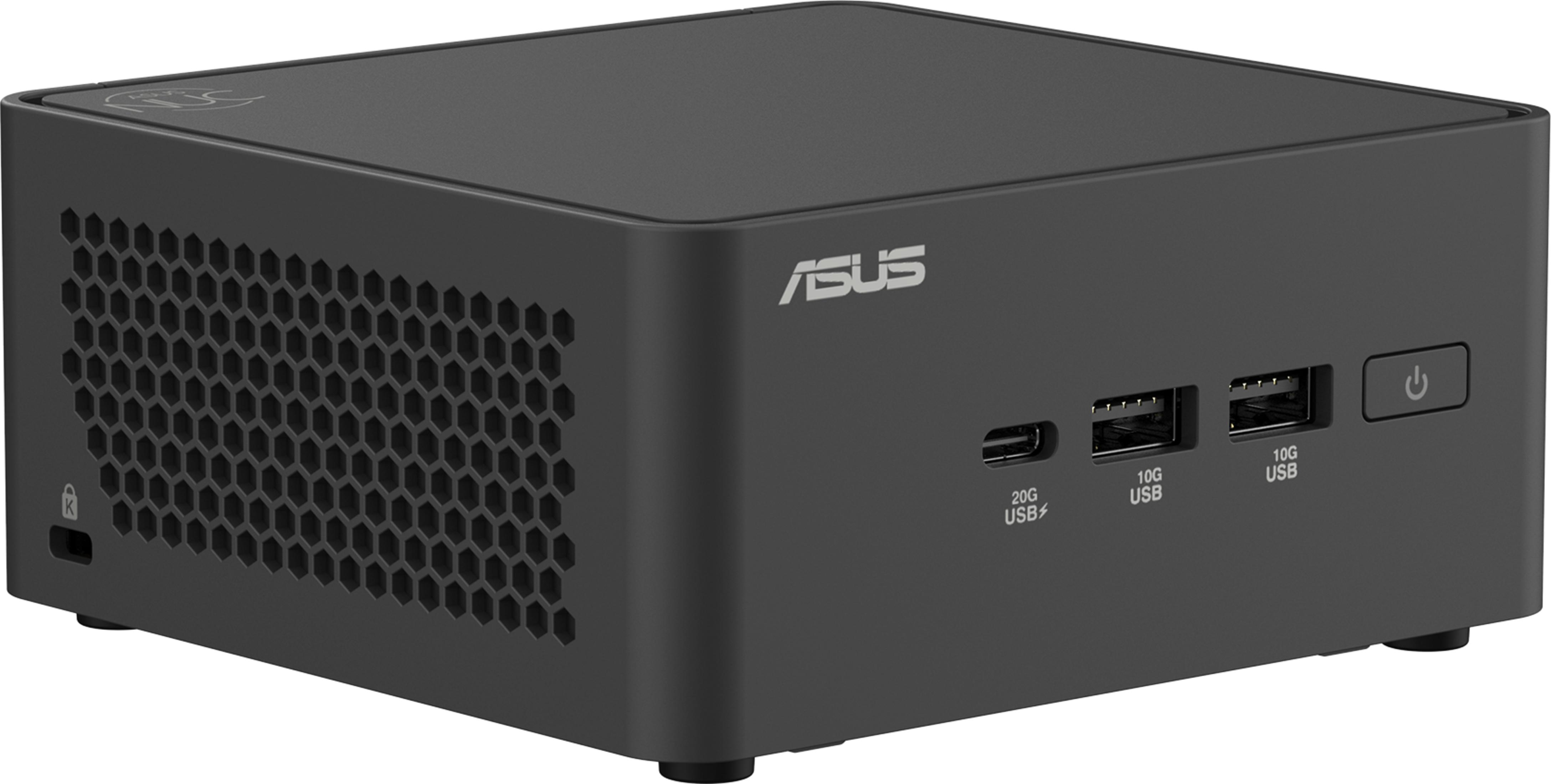 Un piccolo Mini PC ASUS nero con griglia a nido d'ape e porte USB.