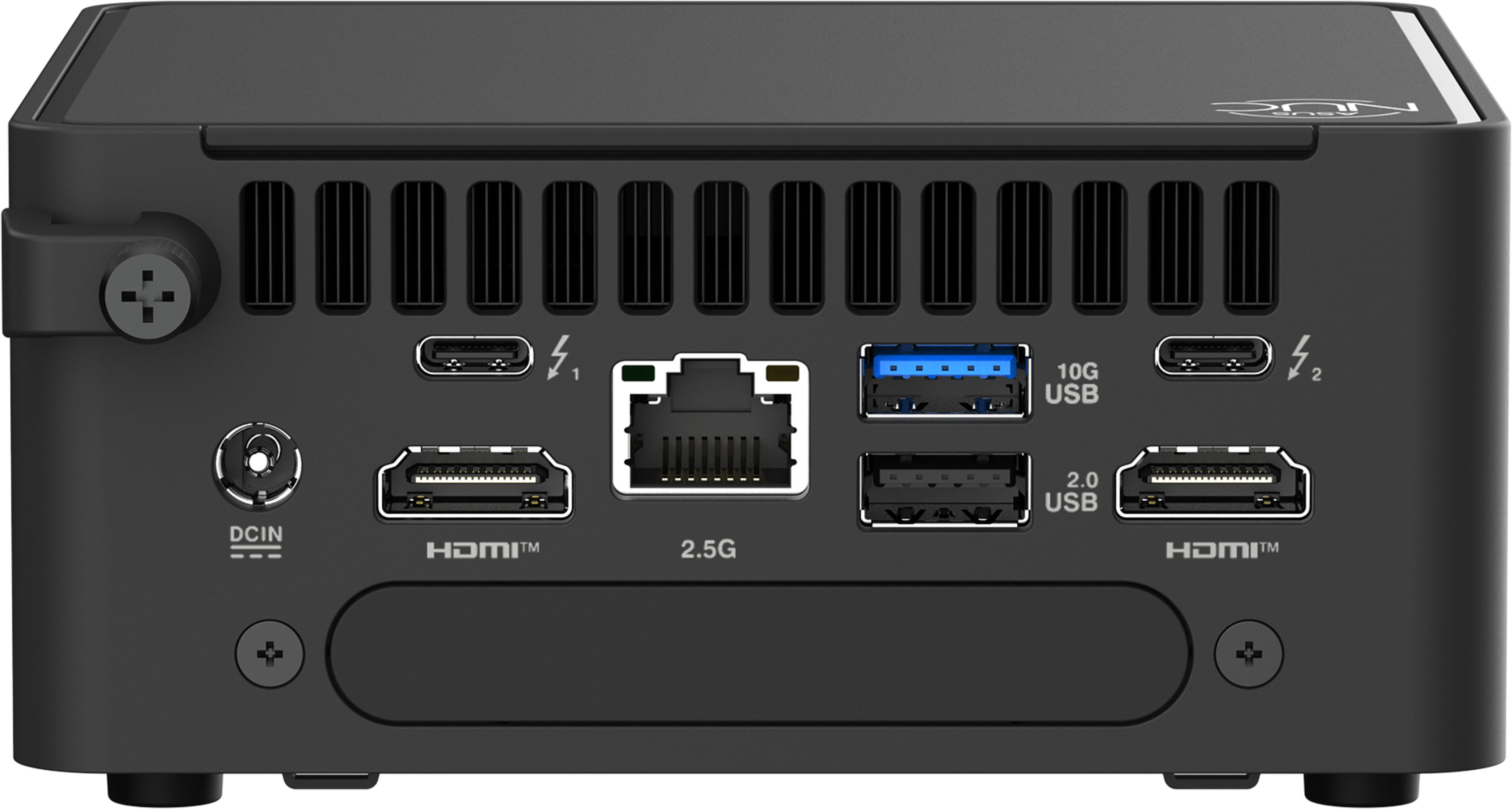 Retro di un mini PC nero con porte: DCIN, HDMI, Ethernet 2.5G, USB.