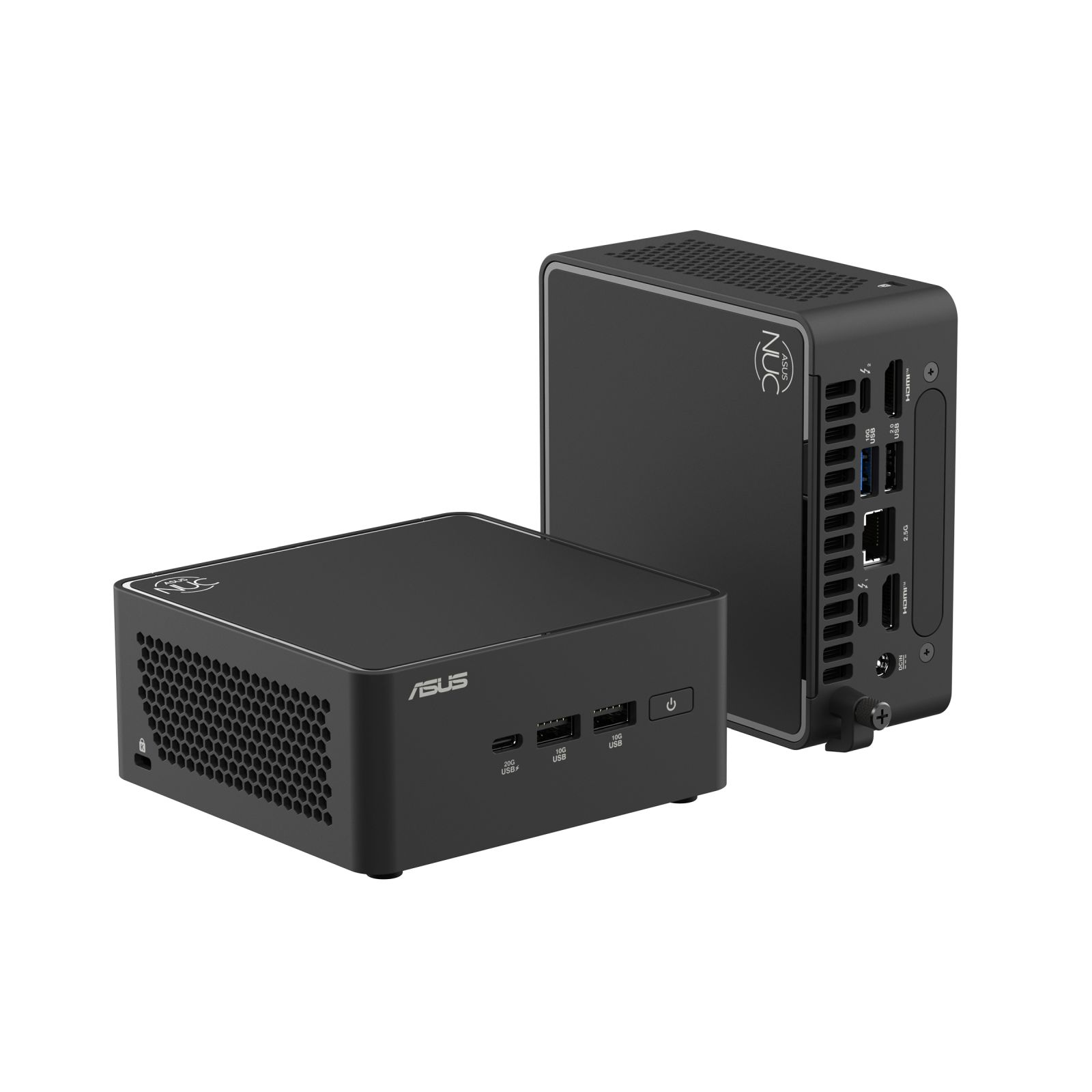 Due mini PC ASUS NUC neri affiancati su sfondo bianco.
