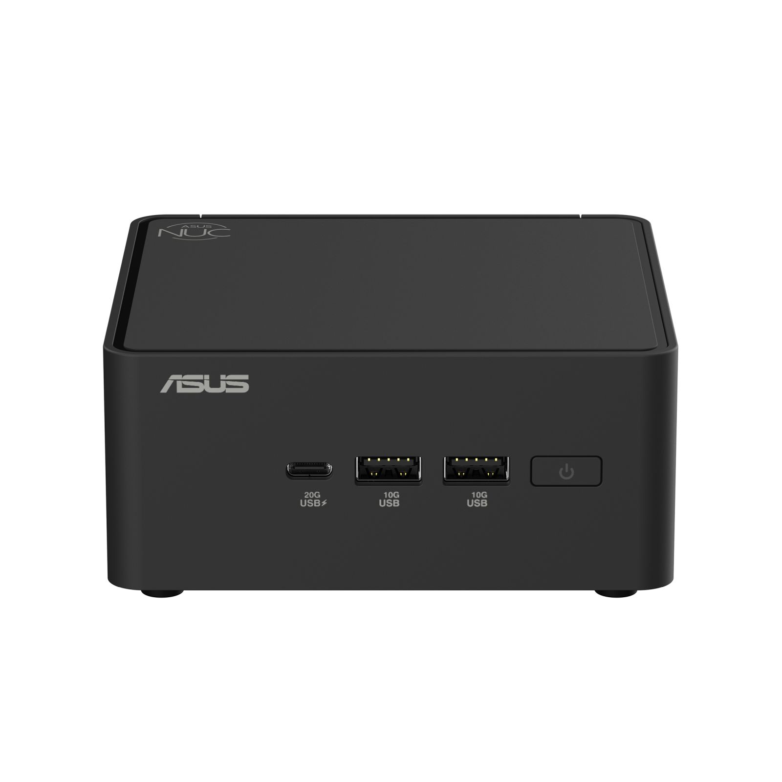 Mini PC Asus NUC nero con porte e pulsante di accensione.