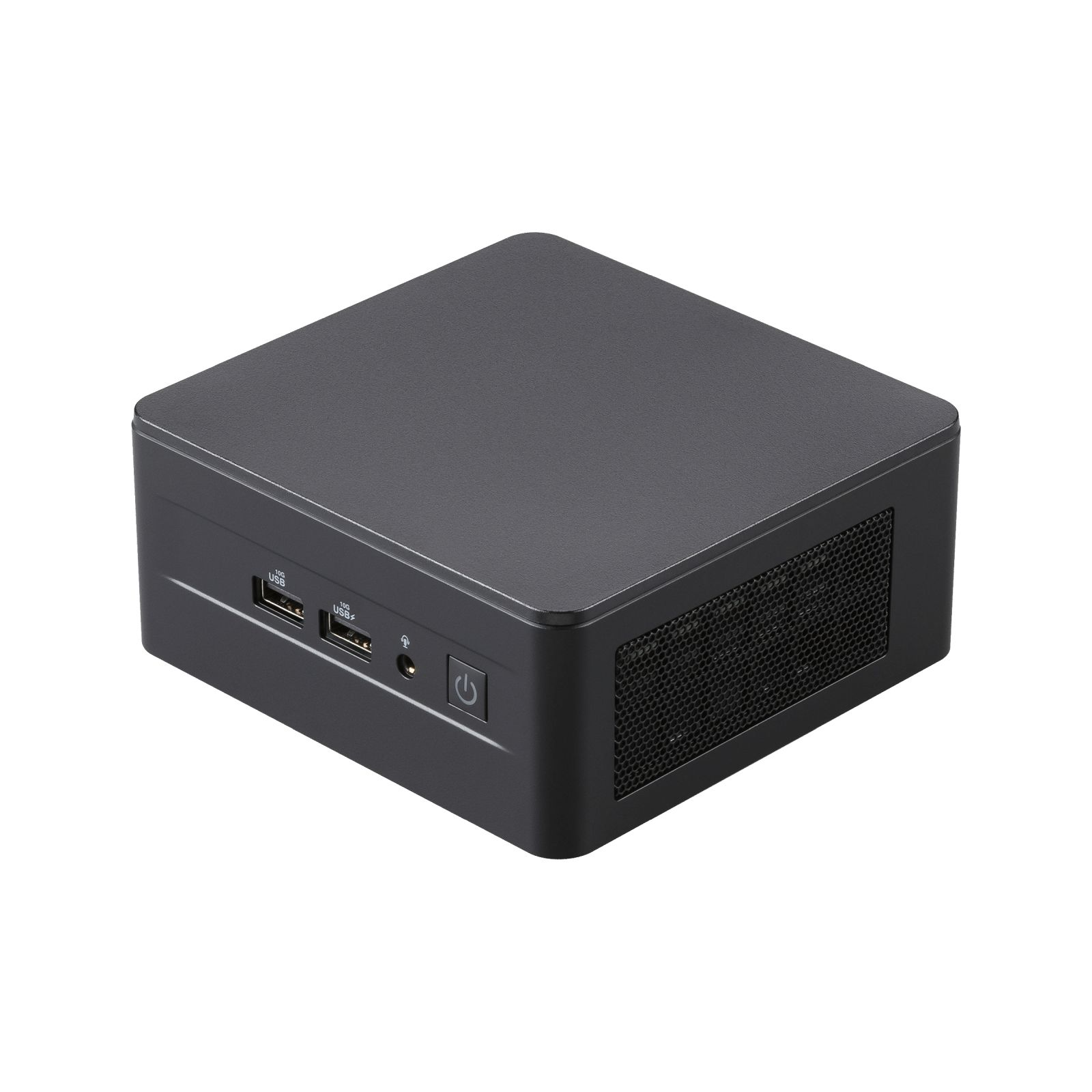 Un mini PC nero con porte USB, pulsante di accensione e griglia di ventilazione.