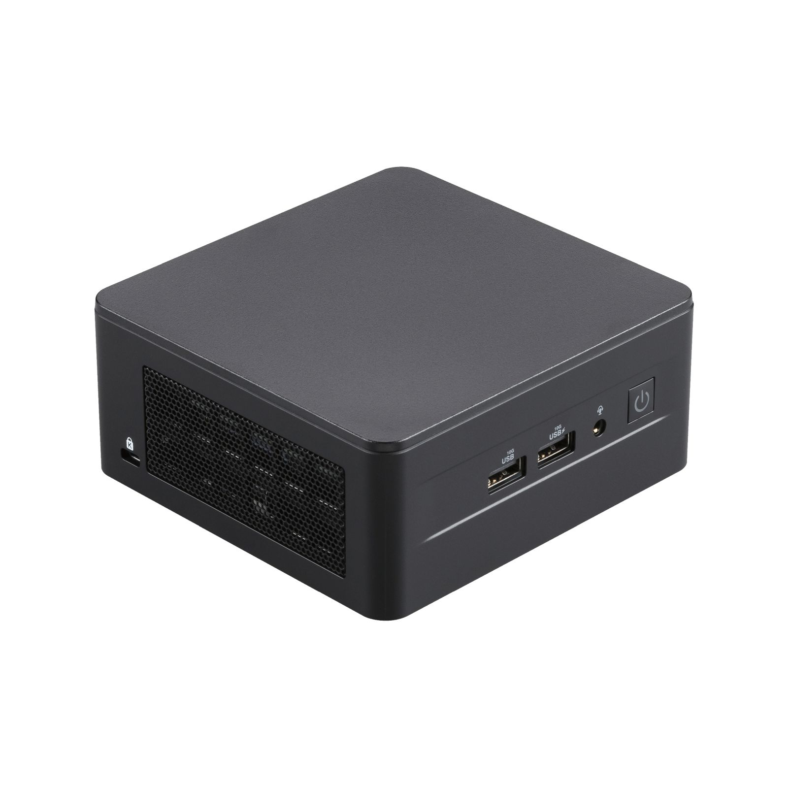 Un piccolo computer nero con feritoie di ventilazione e porte USB.