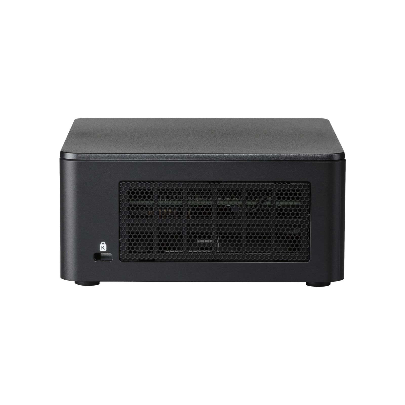 Un piccolo computer nero con una griglia di ventilazione e un simbolo di lucchetto.