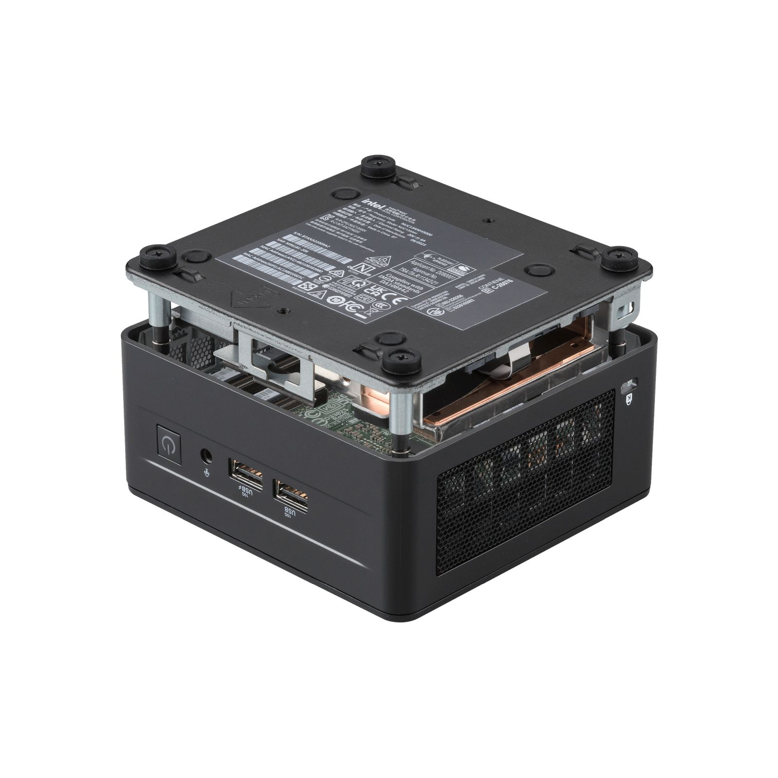 Un computer Intel NUC nero con il case aperto, che mostra i componenti interni.