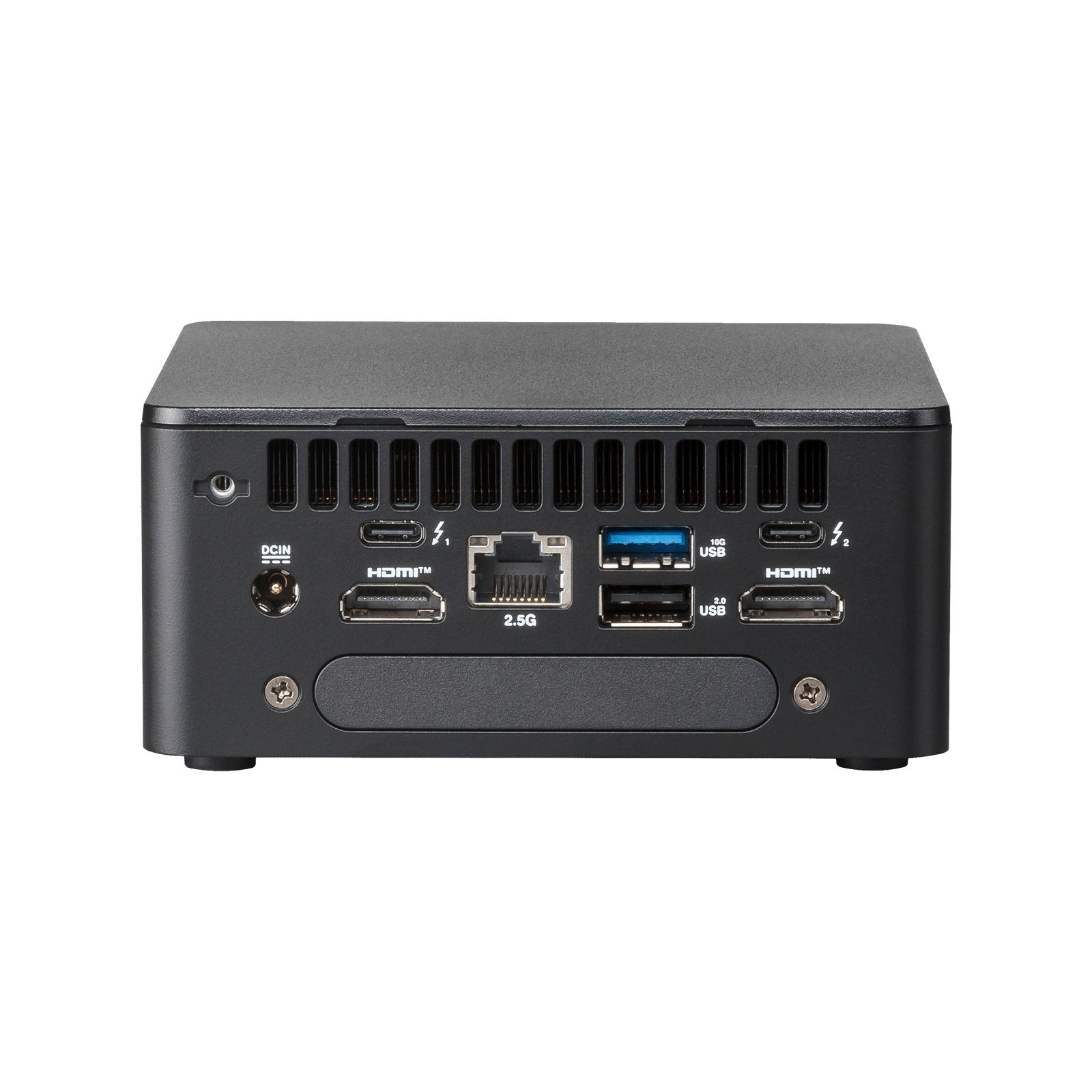 Mini PC nero con porte: DCIN, USB-C, HDMI, Ethernet 2.5G, USB-A.