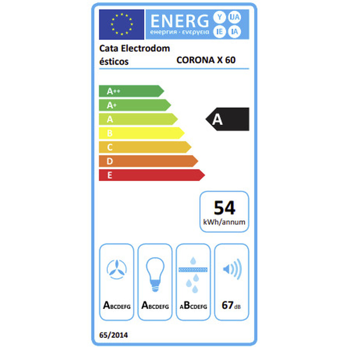 Etiqueta energética para campana Cata Electrodom CORONA X 60, clase A.