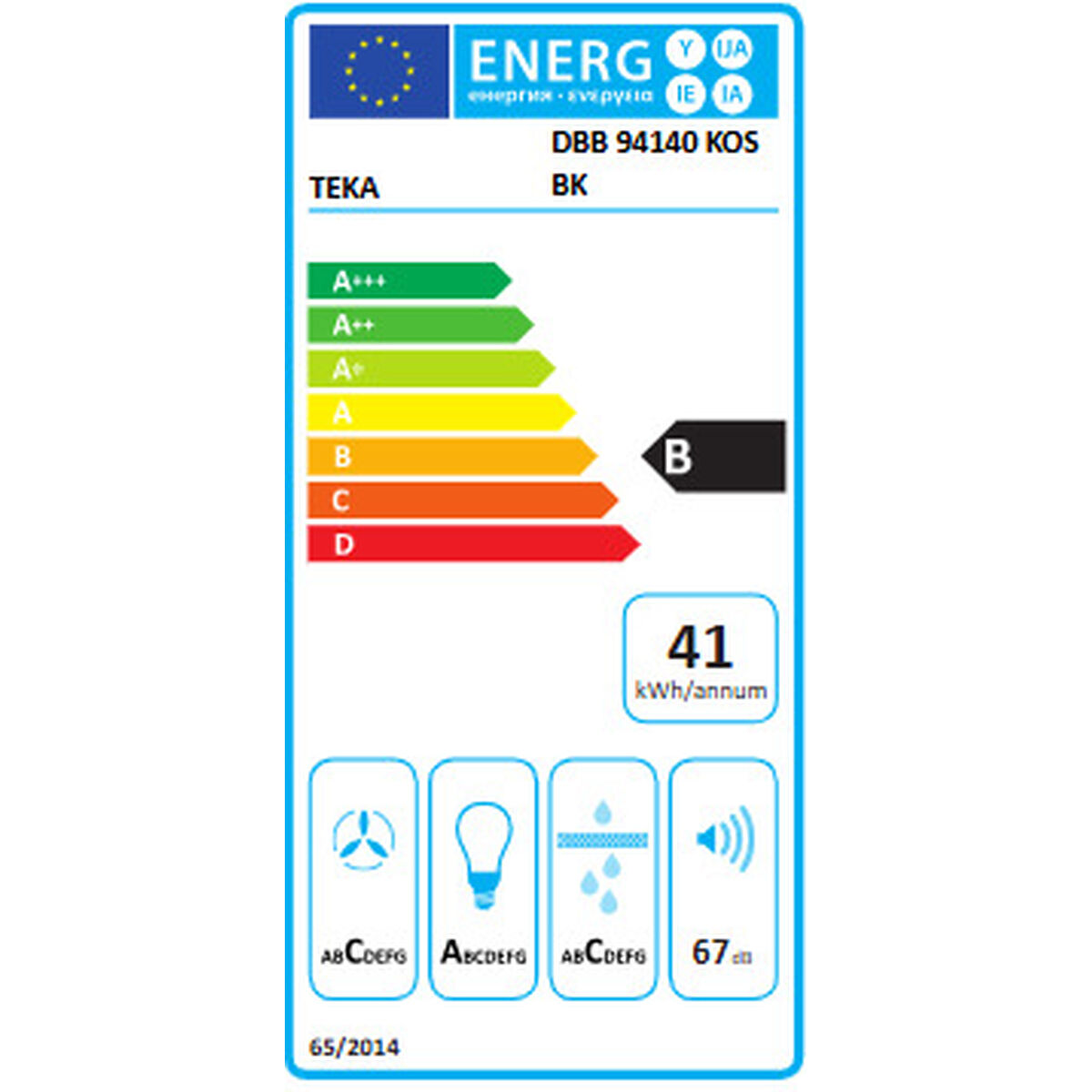 Etiqueta energética para un electrodoméstico Teka, clase B, 41 kWh/año.
