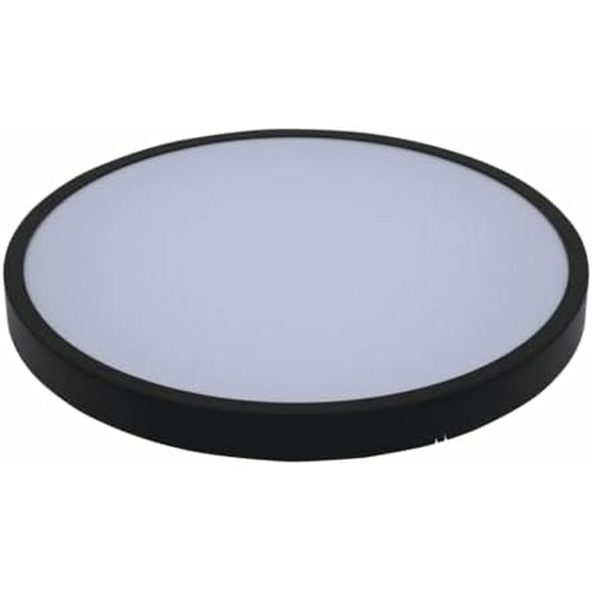 Un lampada rotonda e piatta con bordo nero e diffusore bianco.