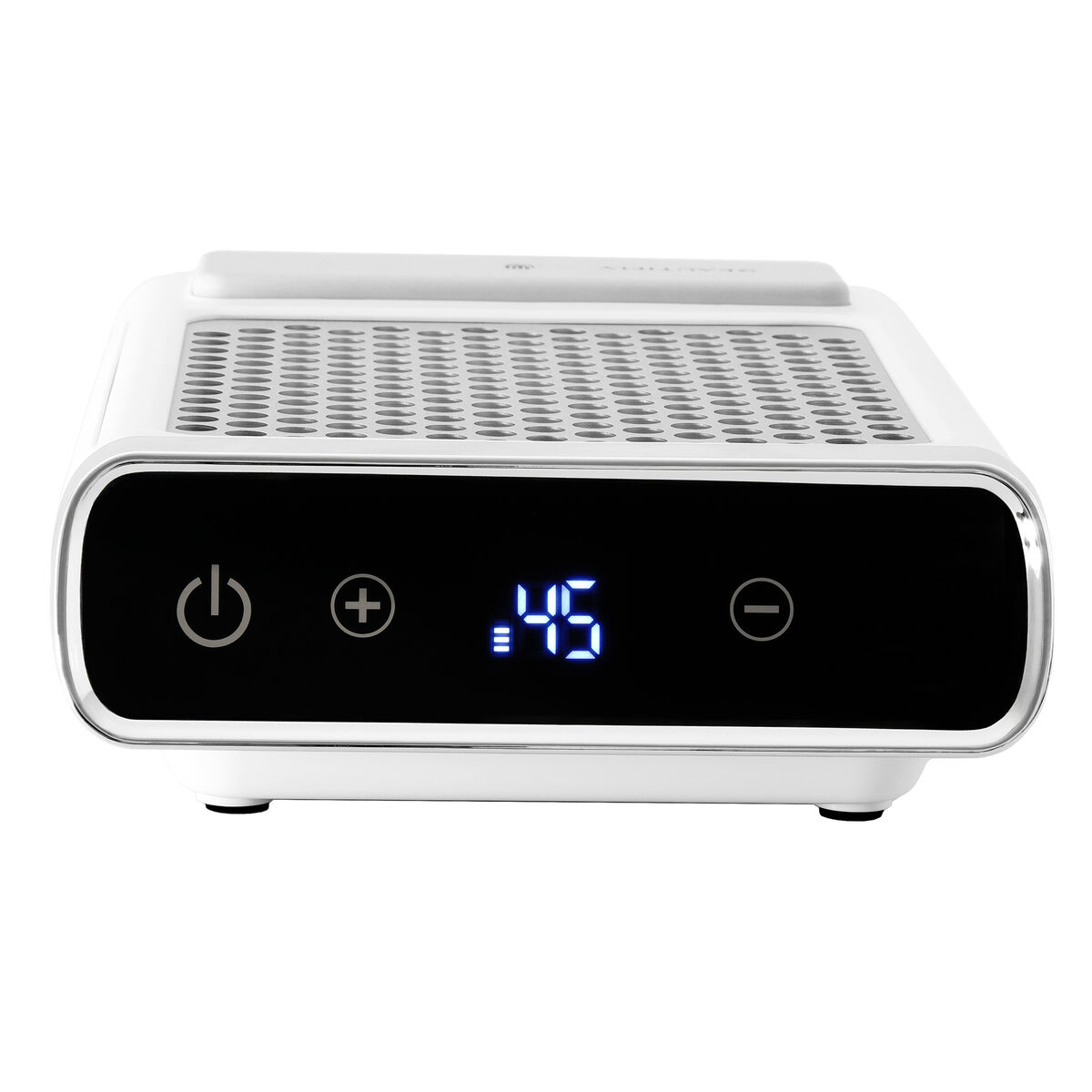 Un dispositivo colector de polvo de uñas blanco con pantalla digital que muestra 45.