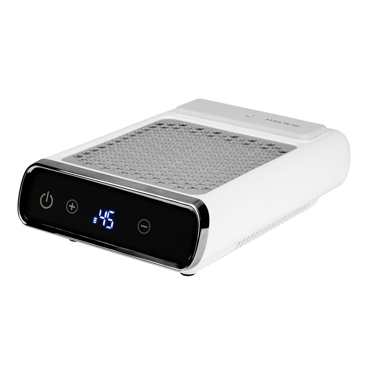 Un dispositivo blanco con pantalla digital que muestra 45.