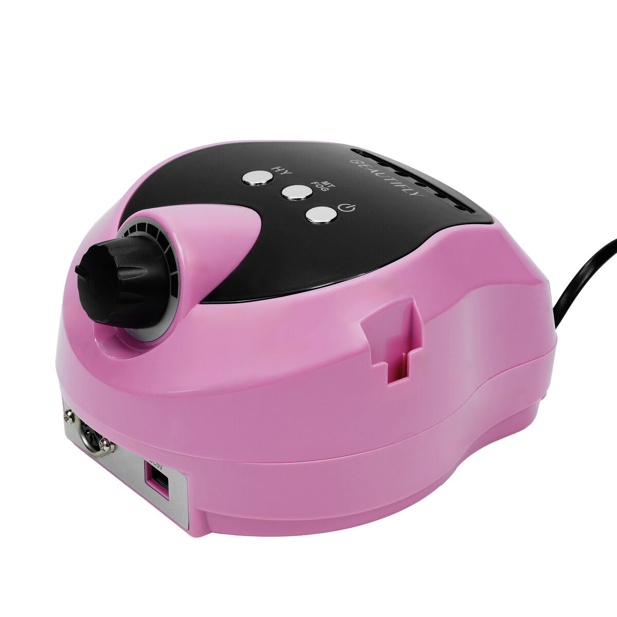 Máquina rosa para manicura con detalles y controles negros, puerto USB en el lateral.