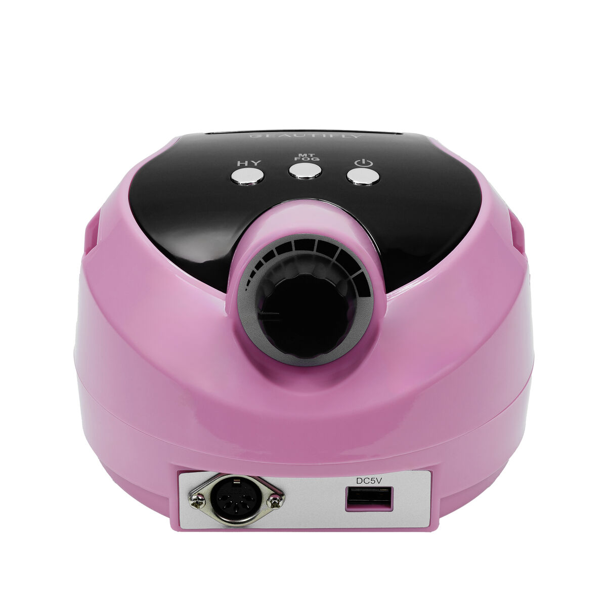 Una máquina pulidora de uñas rosa con parte superior negra y botones.