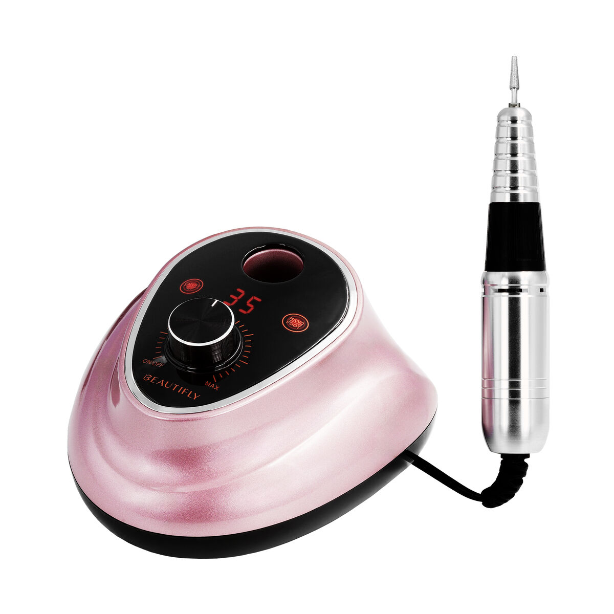 Un taladro de uñas rosa con su pieza de mano y unidad de control.