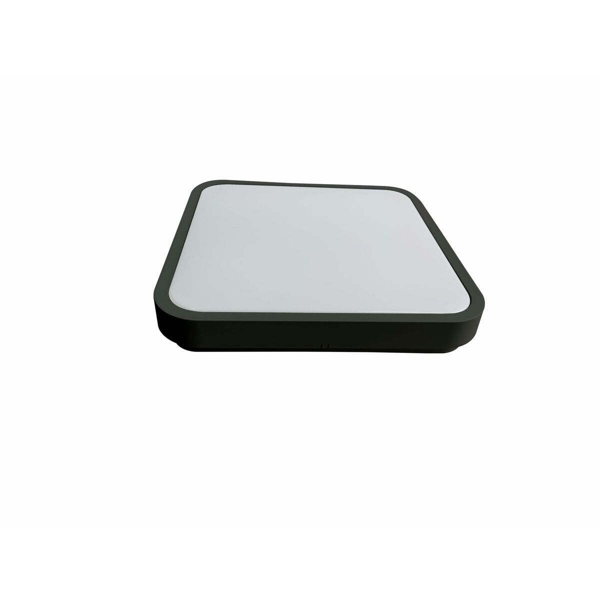 Una lampada rettangolare piatta con cornice scura e superficie superiore bianca.