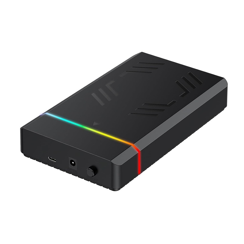 RGB aydınlatmalı, DC girişli ve açma/kapama düğmeli siyah cihaz.