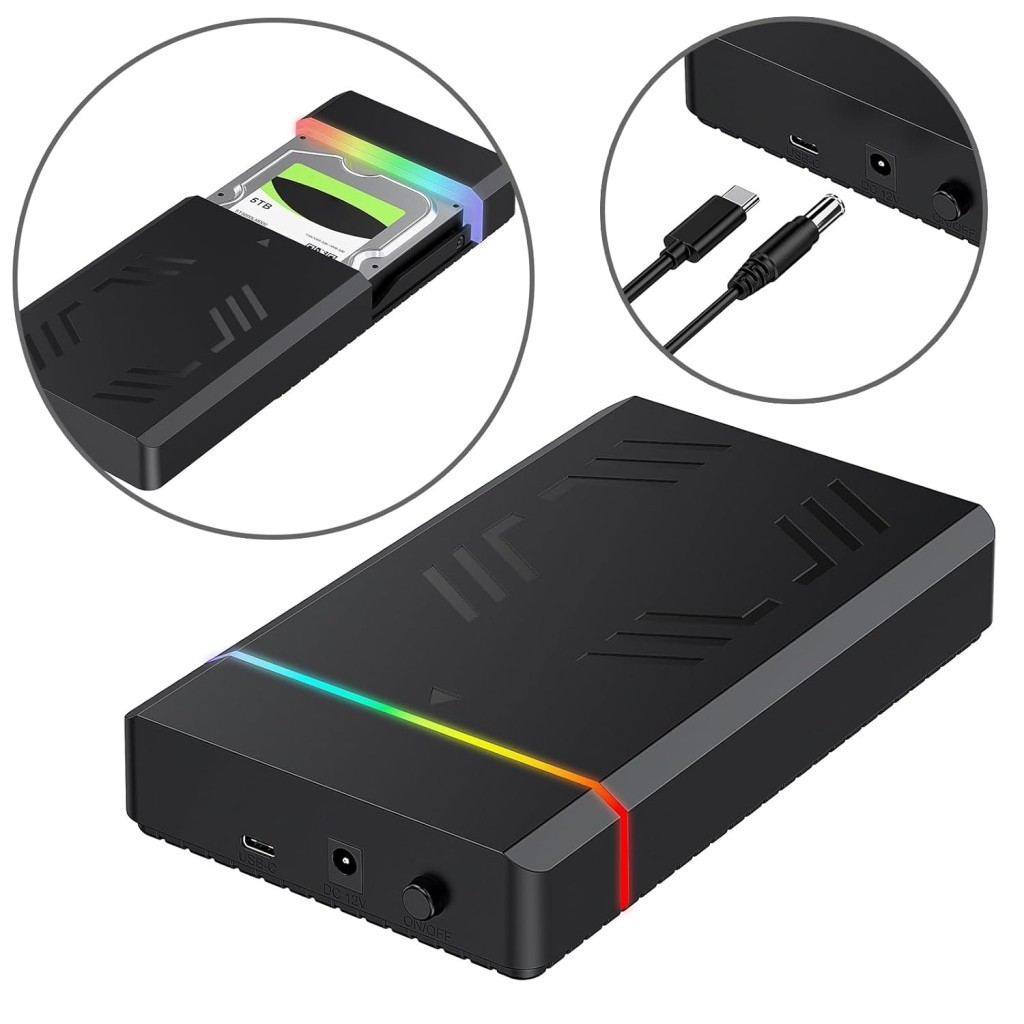 RGB aydınlatmalı ve 5 TB sürücülü siyah harici sabit disk kutusu.