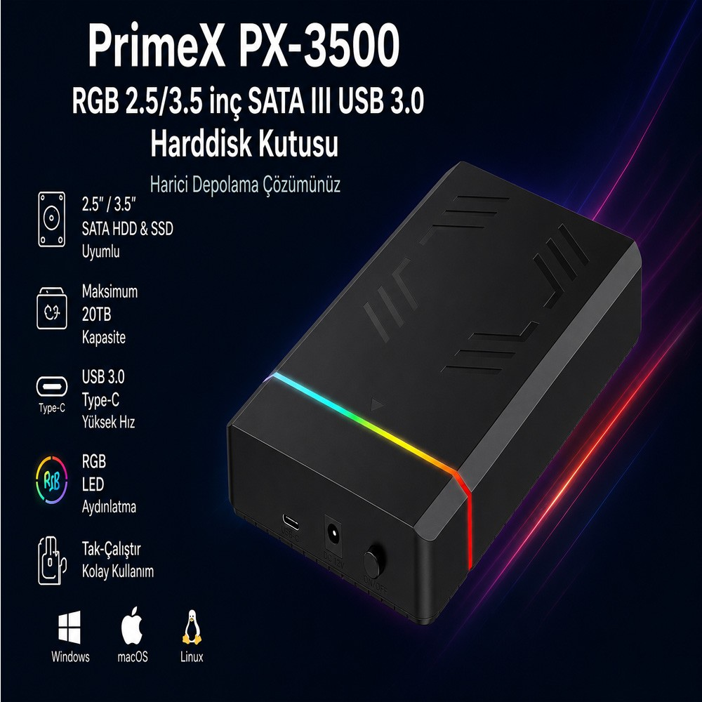 RGB aydınlatmalı ve metinli siyah sabit disk kutusu.