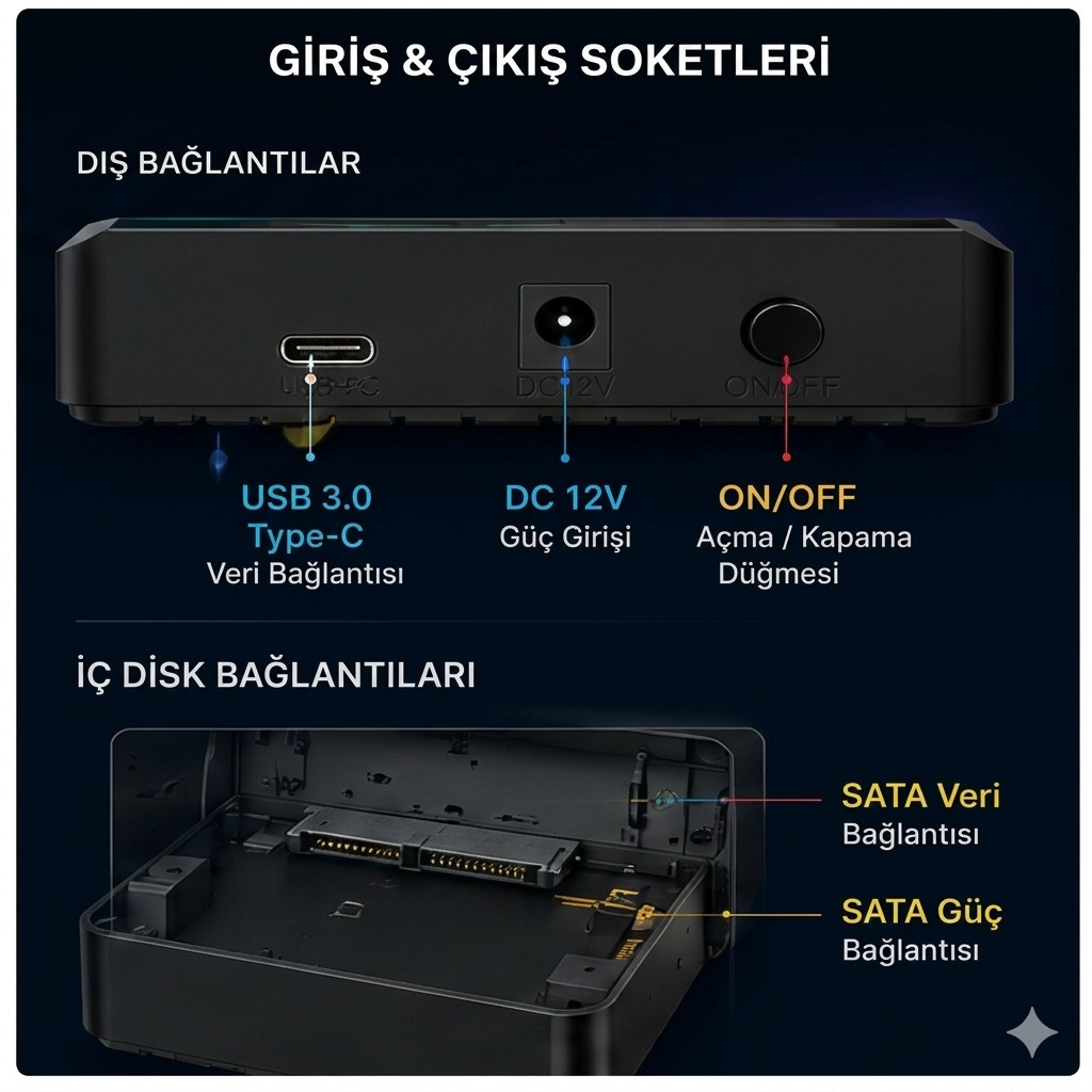 Harici bağlantı noktalarını gösteren siyah kasa: USB-C, 12V DC, Açma/Kapama düğmesi ve dahili SATA bağlantıları.