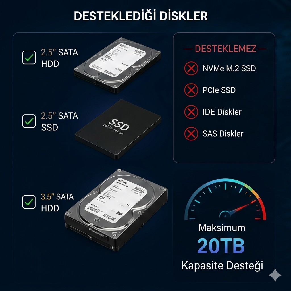 Desteklenen diskler: 2,5" SATA HDD/SSD, 3,5" SATA HDD. Desteklenmeyen: NVMe M.2 SSD, PCIe SSD, IDE, SAS.
