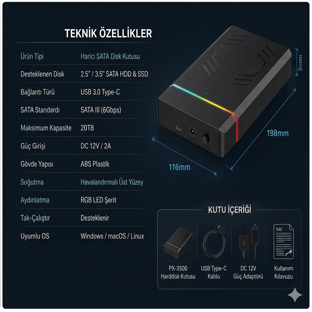 RGB aydınlatmalı siyah harici HDD kutusu, 198x116x33mm. Kablo, adaptör içerir.