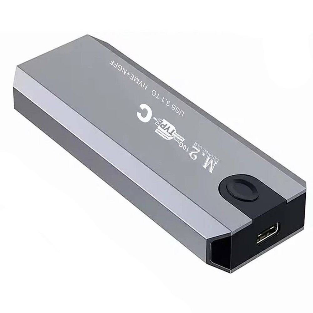 USB 3.1 Type-C bağlantı noktalı ve metin etiketli gri harici M.2 kutusu.