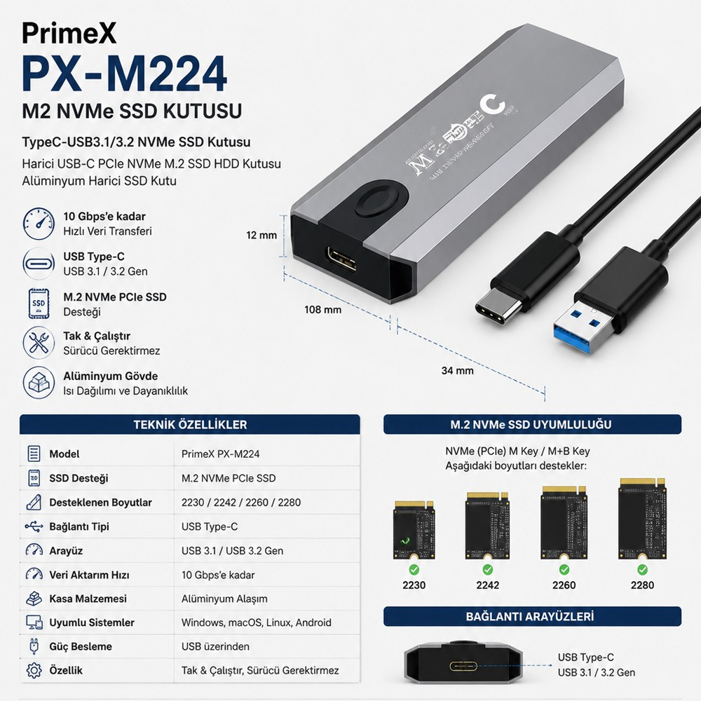 PrimeX PX-M224 M.2 NVMe SSD kutusu USB-C kablosu ve detaylı özellikler.