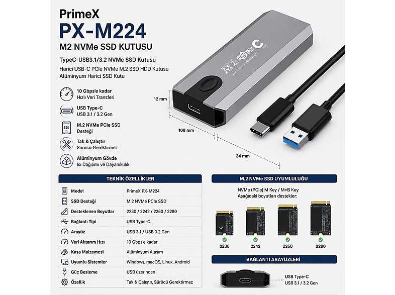 PRIMEX PLUS PX-M224 M2 NVMe TypeC-USB3.1/3.2 NVMe USB-C NVMe M.2