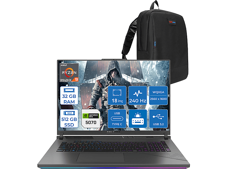 ASUS Rog Strix G18 8GB RTX5070 115W 2.5K 240Hz 3ms WS9046F09 AMD Ryzen 9 8940HX 32 GB RAM 512 GB SSD 18 inç FreeDOS Laptop+Çanta Siyah