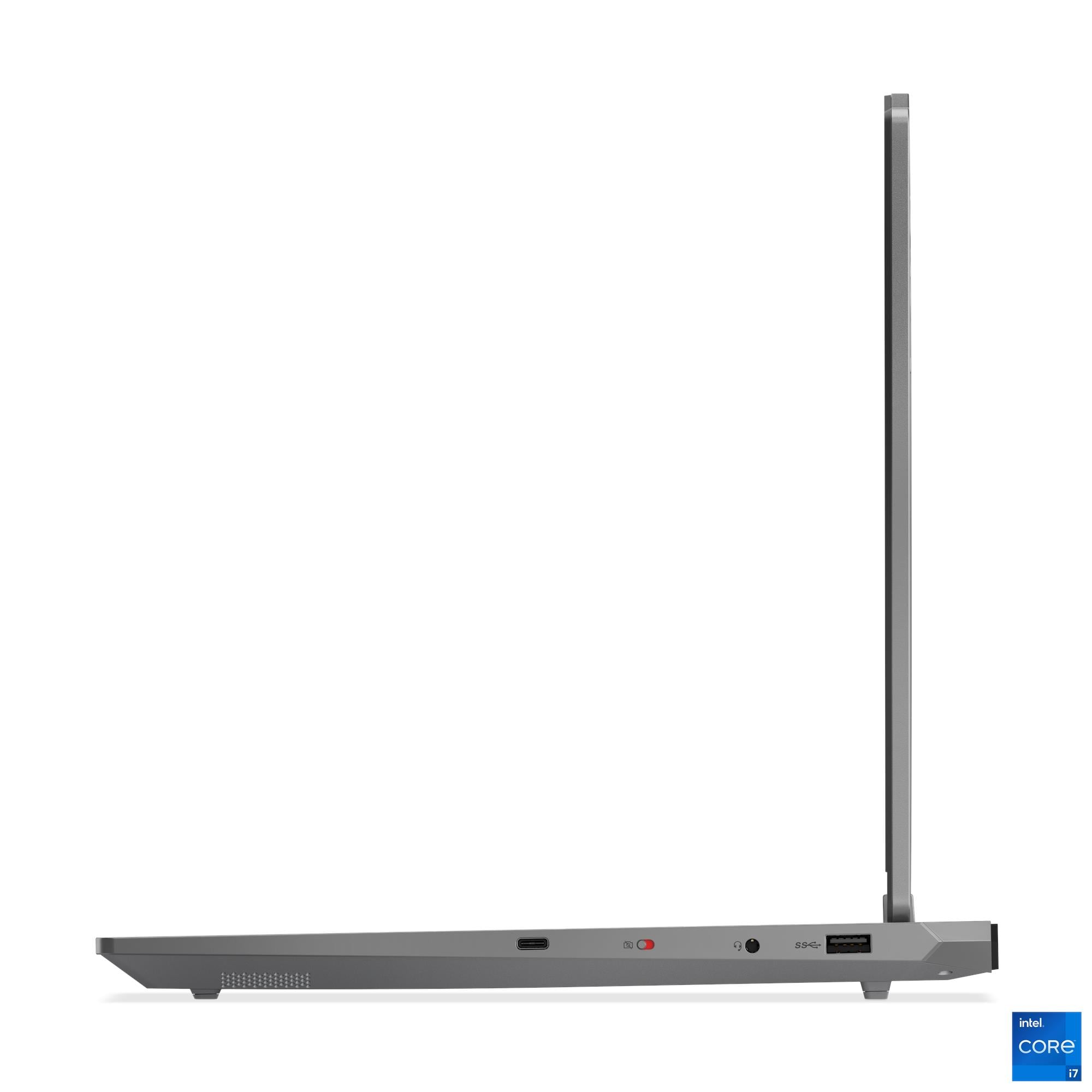 Açık ekranlı gri dizüstü bilgisayar, yan görünüm. USB-C, kulaklık jakı görünür.