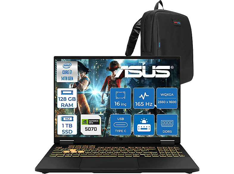 ASUS TUF Gaming F16 FX608JPR RTX5070 WQT070F28128G Intel Core i7-14650HX 128 GB RAM 1 TB SSD 16 inç FreeDOS Laptop+Çanta Siyah