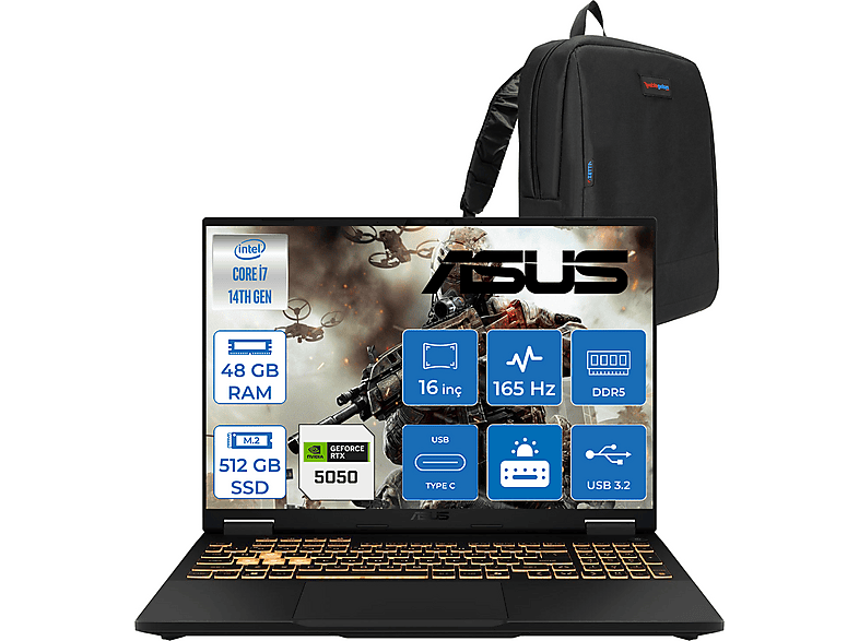 ASUS TUF F16 8GB RTX5050 115W 165Hz WUXGA FHD+ 300nits IPS WRV055F12 Intel Core i7-14650HX 48 GB RAM 512 GB SSD 16 inç FreeDOS Laptop+Çanta Siyah