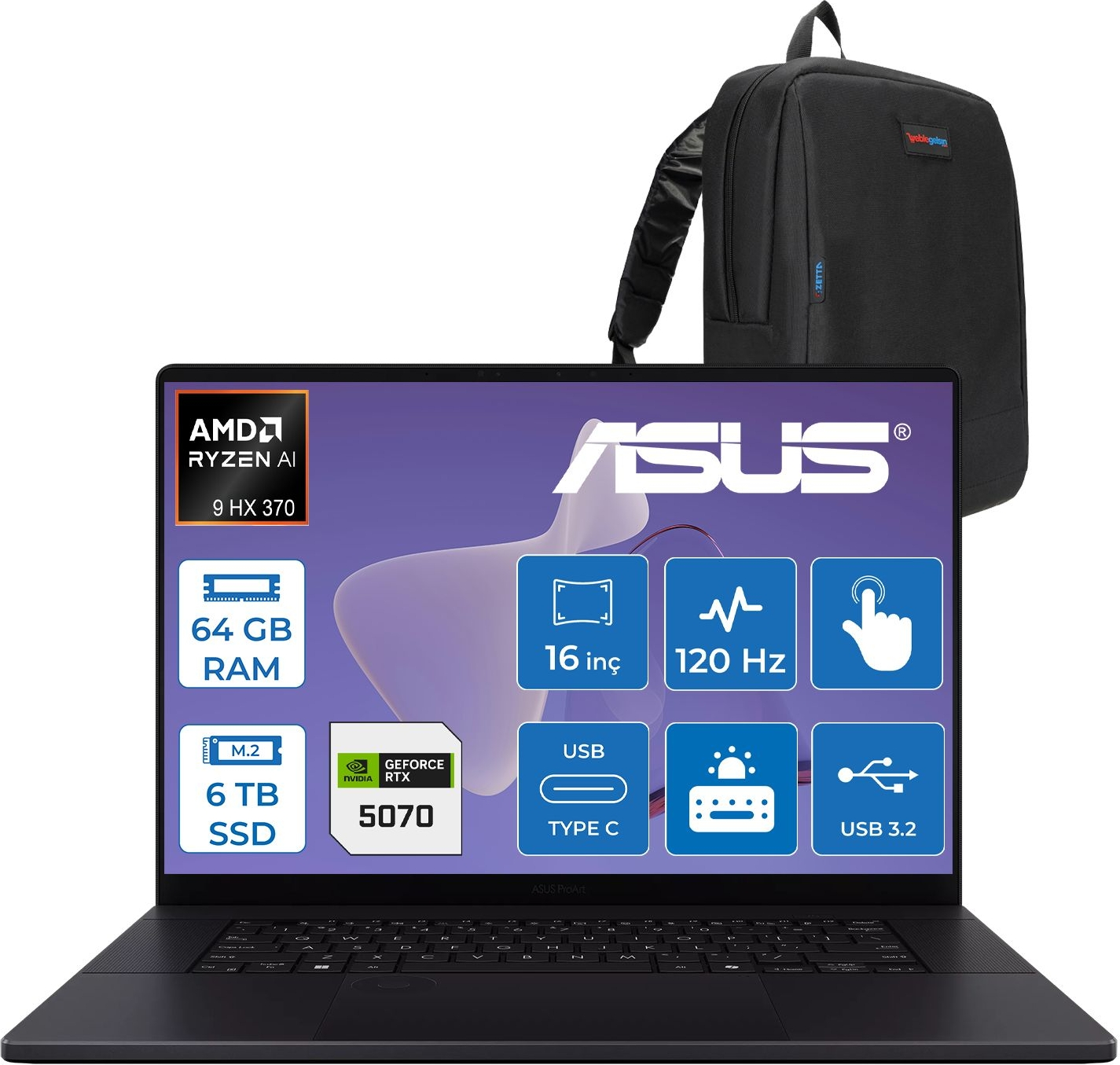 AMD Ryzen AI 9 HX 370, 64GB RAM, 6TB SSD, RTX 5070 özellikli siyah ASUS laptop.